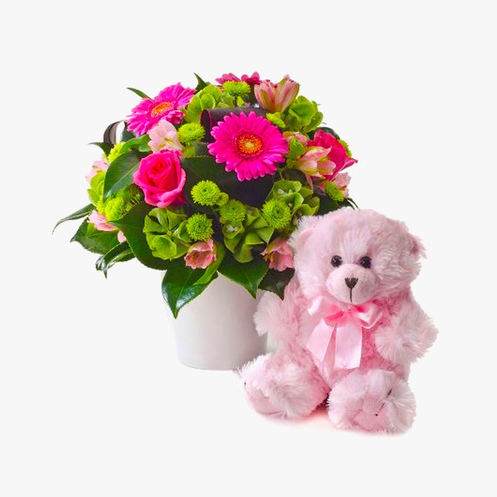 Olivia – Bright Mixed Arrangement with a Teddy Bear