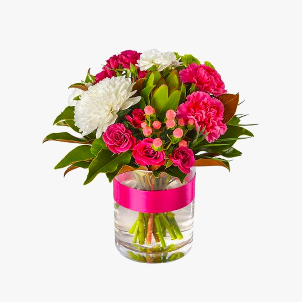 Pink Lady – Mixed Posy in a Glass Vase