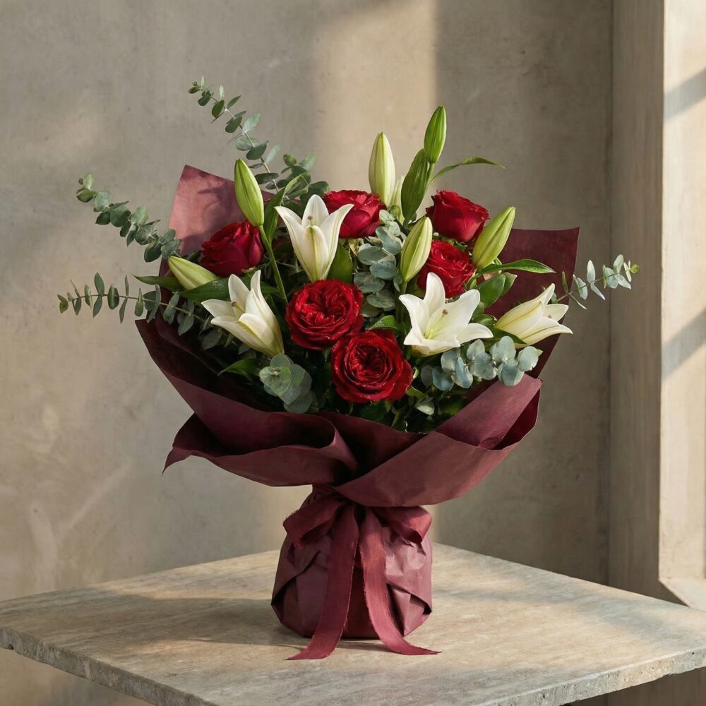 RED Evermore – Bouquet of Roses & Lilies