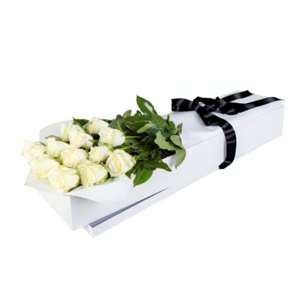 Dozen (12) White Roses in Presentation Box
