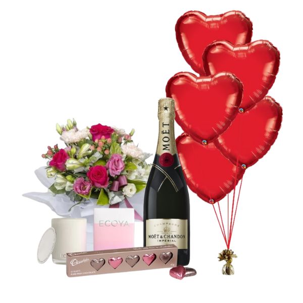This Love Valentines Deluxe Moet Gift Box with Balloon Bouquet