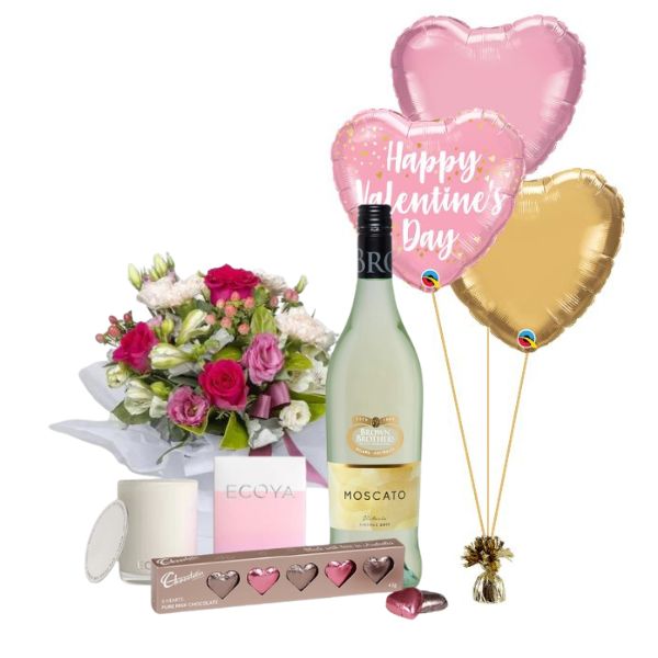 This Love Valentines Deluxe Moscato Gift Box with Balloon Bouquet