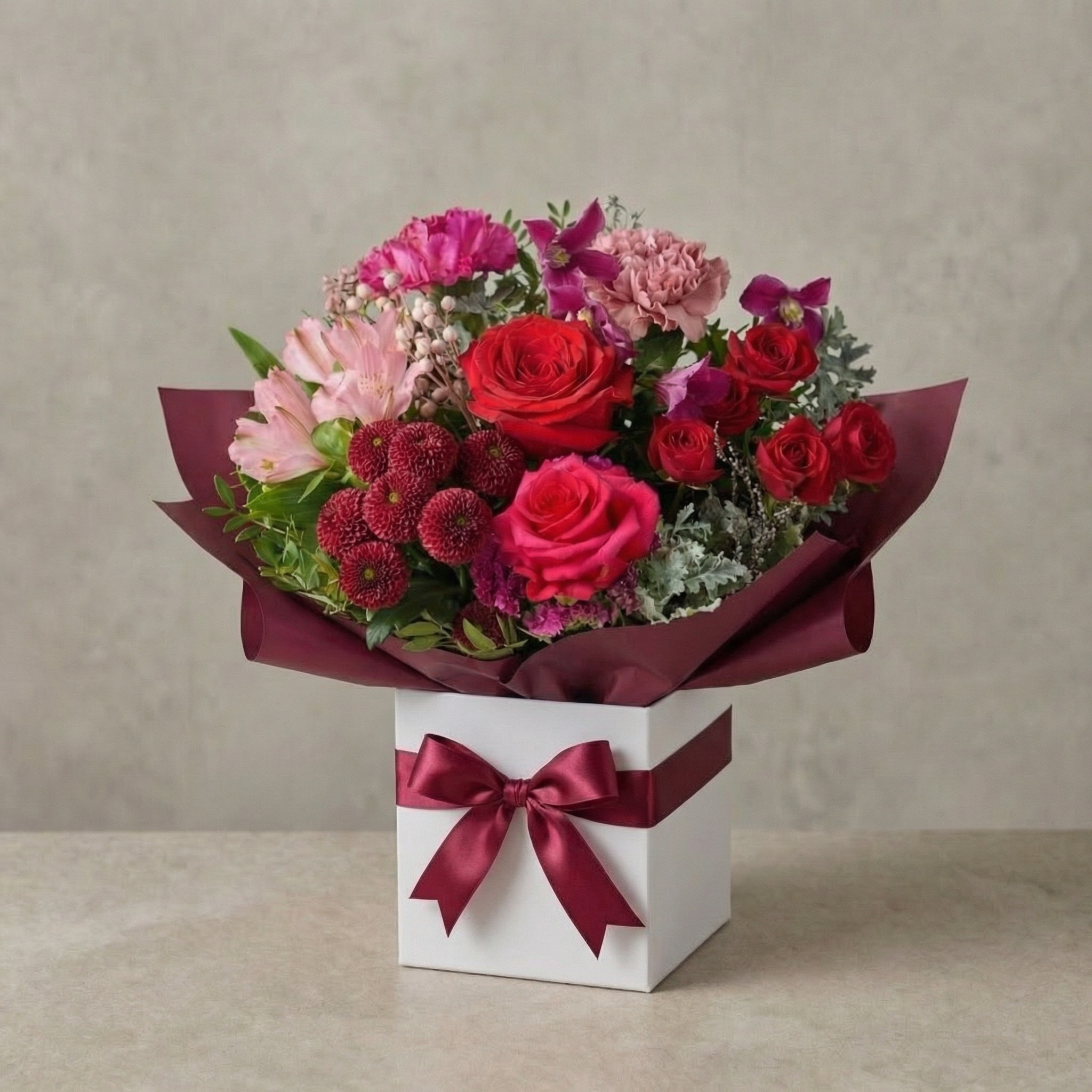 Florist choice Romance Valentine’s Day posy box flower arrangement Ormeau