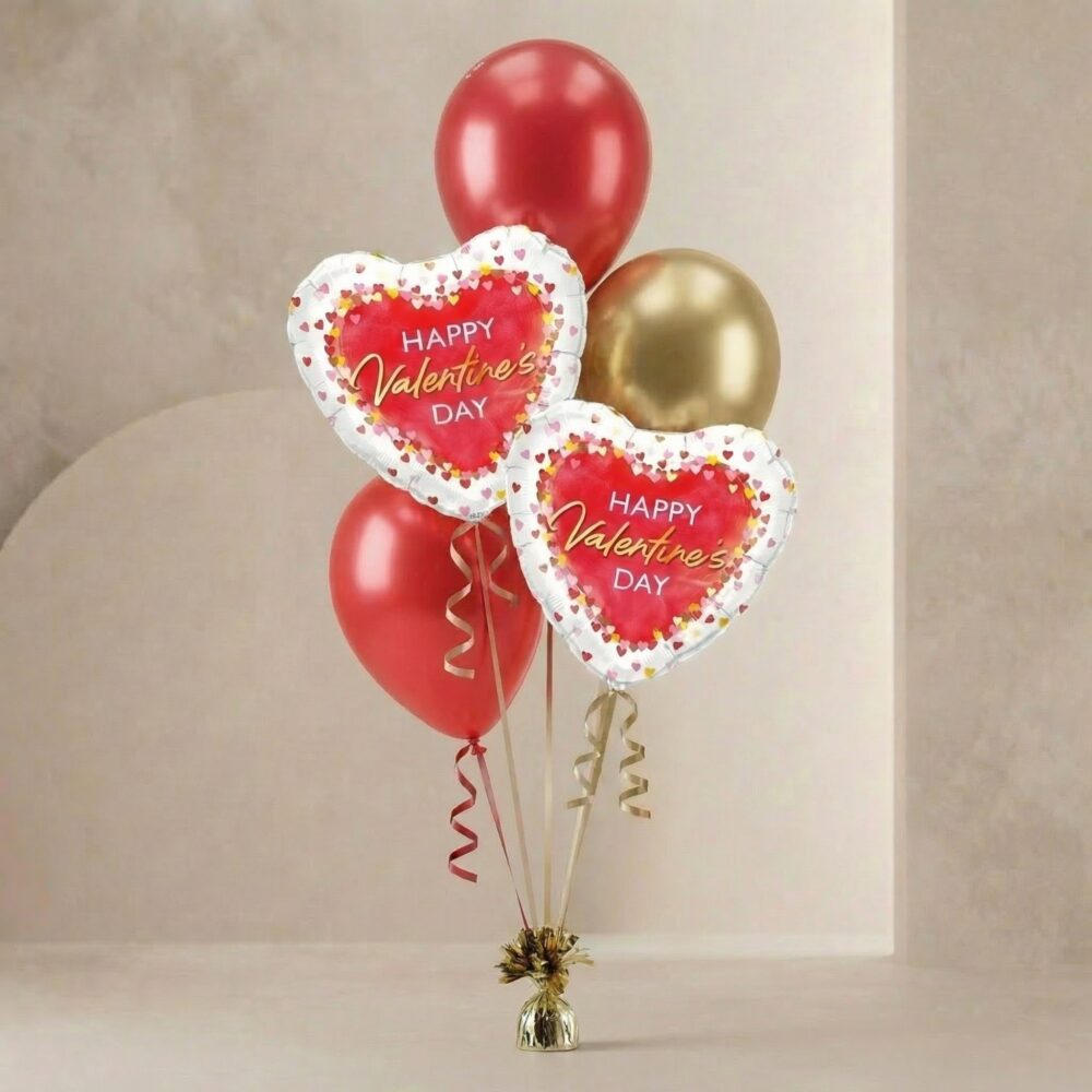 Helium Balloon Bouquet – Valentines Day Red & Gold Hearts