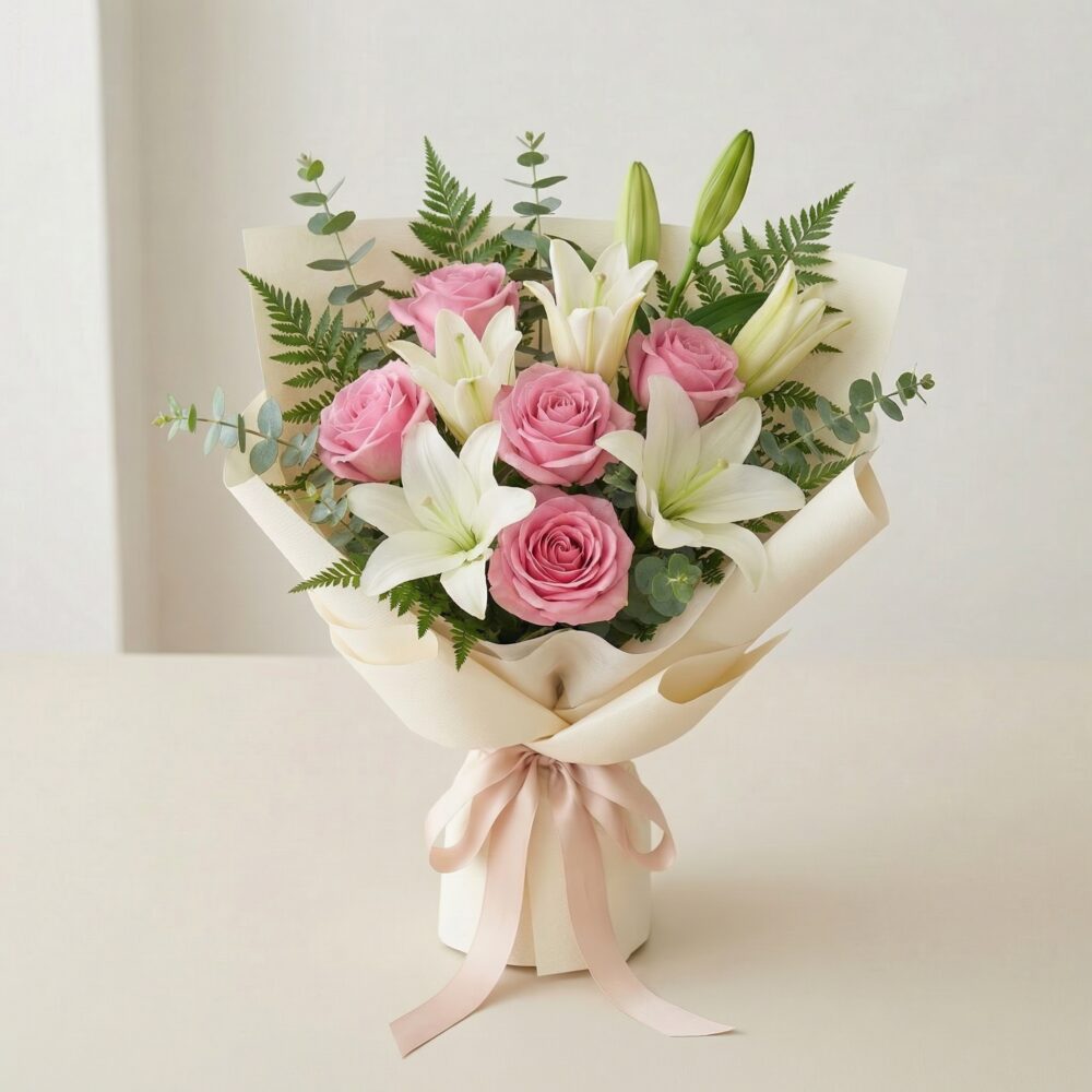 PINK Evermore – Bouquet of Roses & Lilies