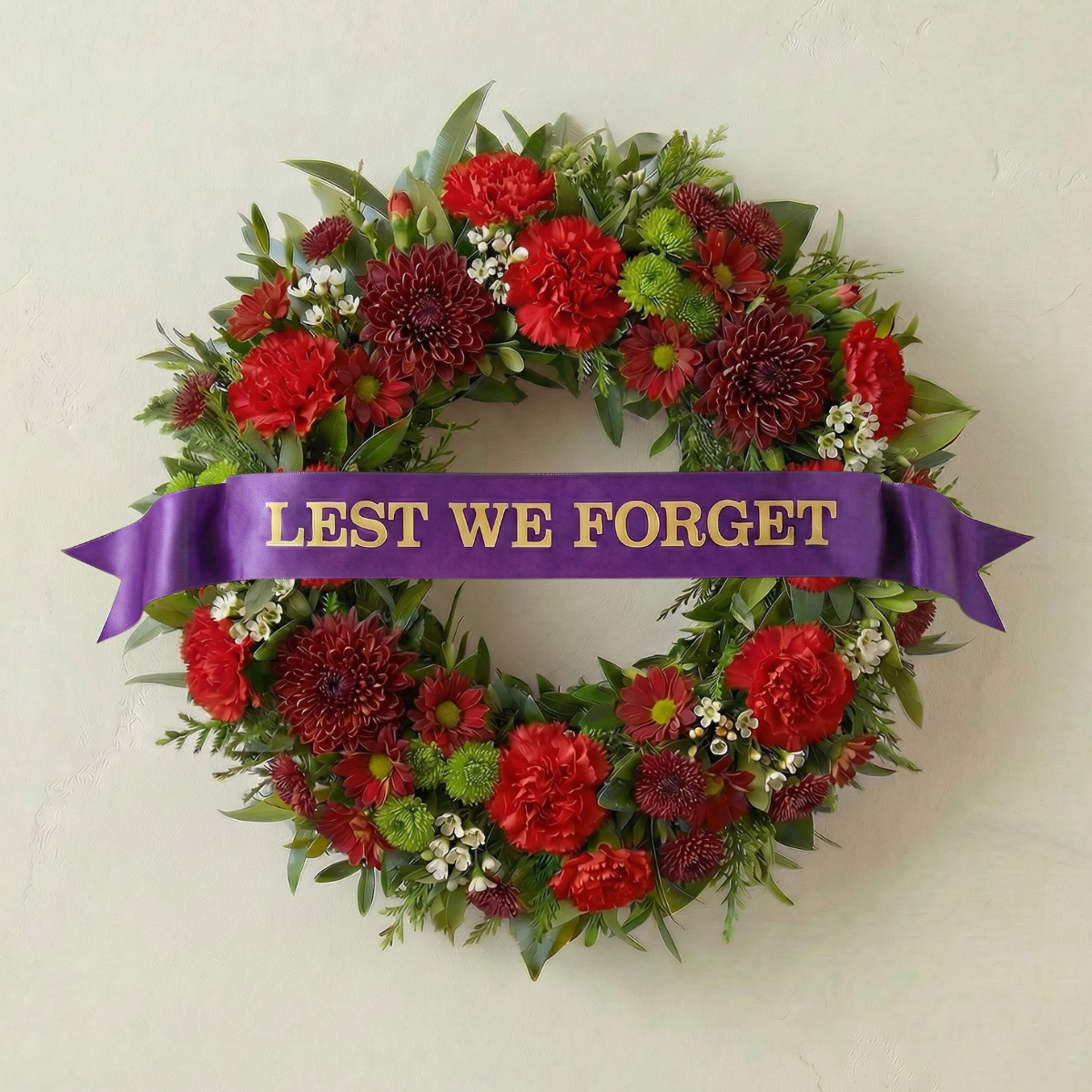 Traditional ANZAC tribute wreath with red carnations, chrysanthemums and greenery finished with a purple “Lest We Forget” satin ribbon.